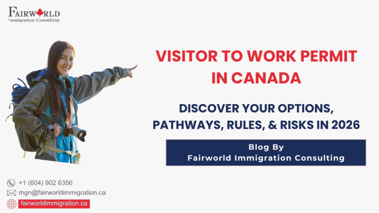 Featured image of the blog visitor to work permit in Canada, by Fairworld Immigration Consulting. Blog titles written written, with an image of a lady (as a tourist) pointing at the blog topic.